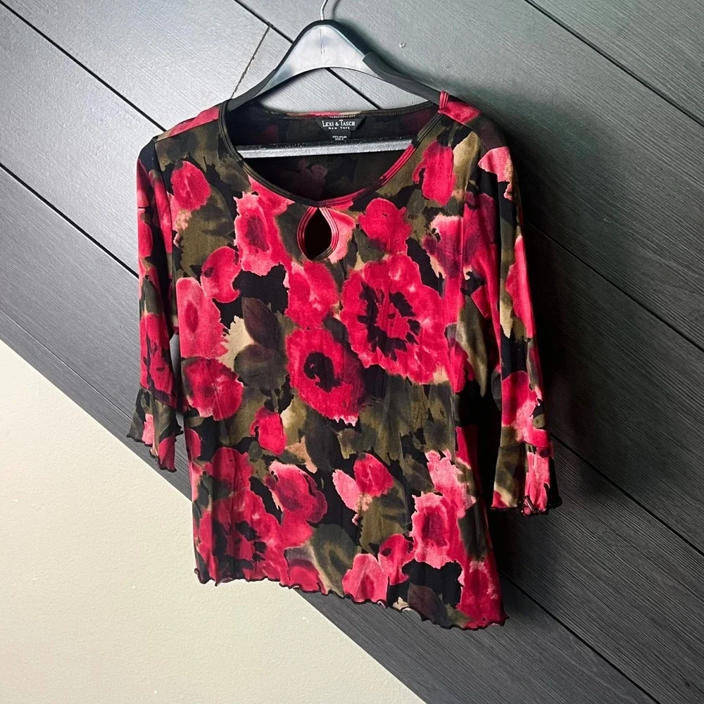 Lexi & Tasch Women Floral Micro Mesh Keyhole Top Large Pink Black Y2K Fairycore